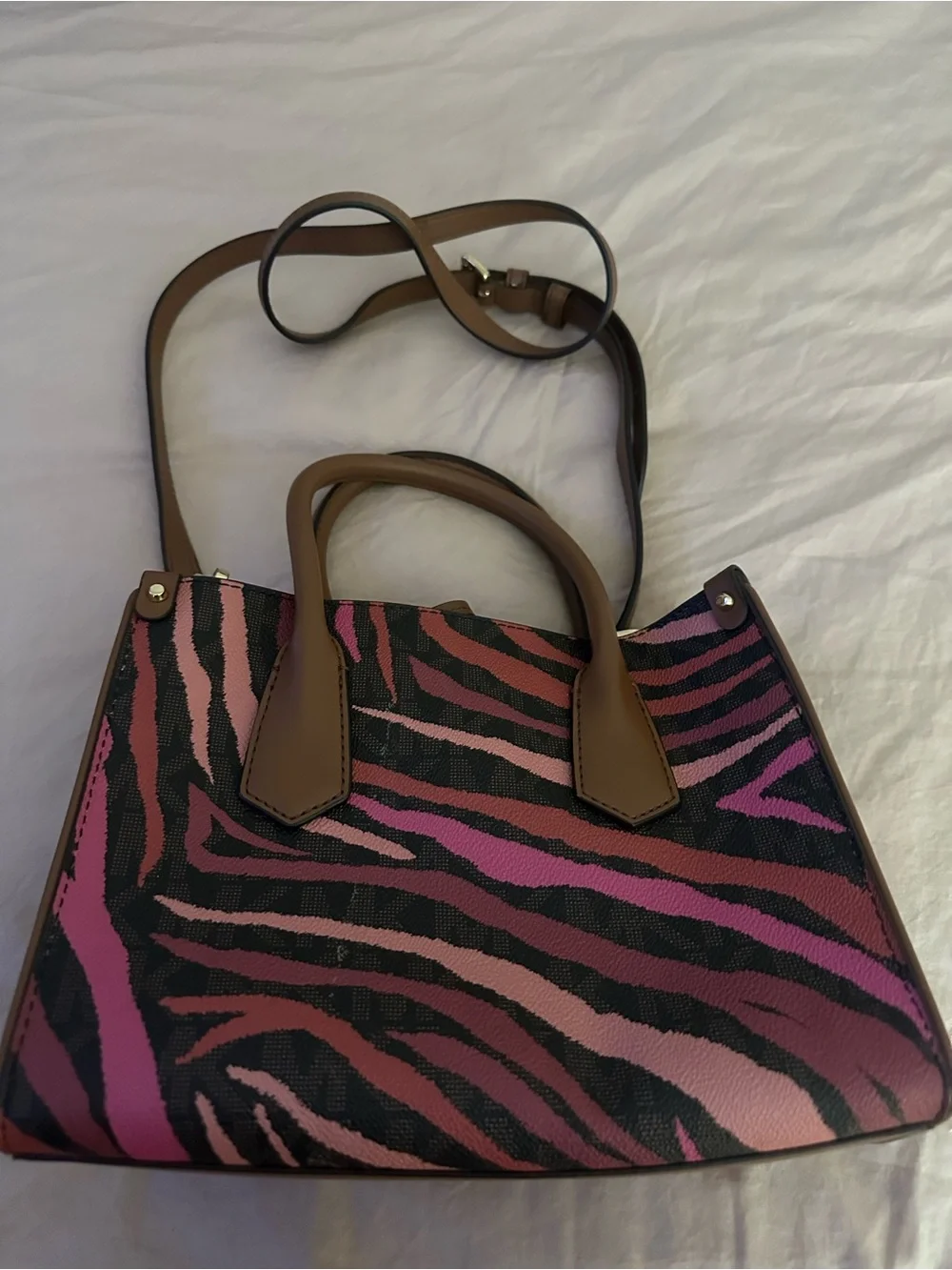 Michael Kors Pink and Black Zebra Print Satchel with Brown Trim